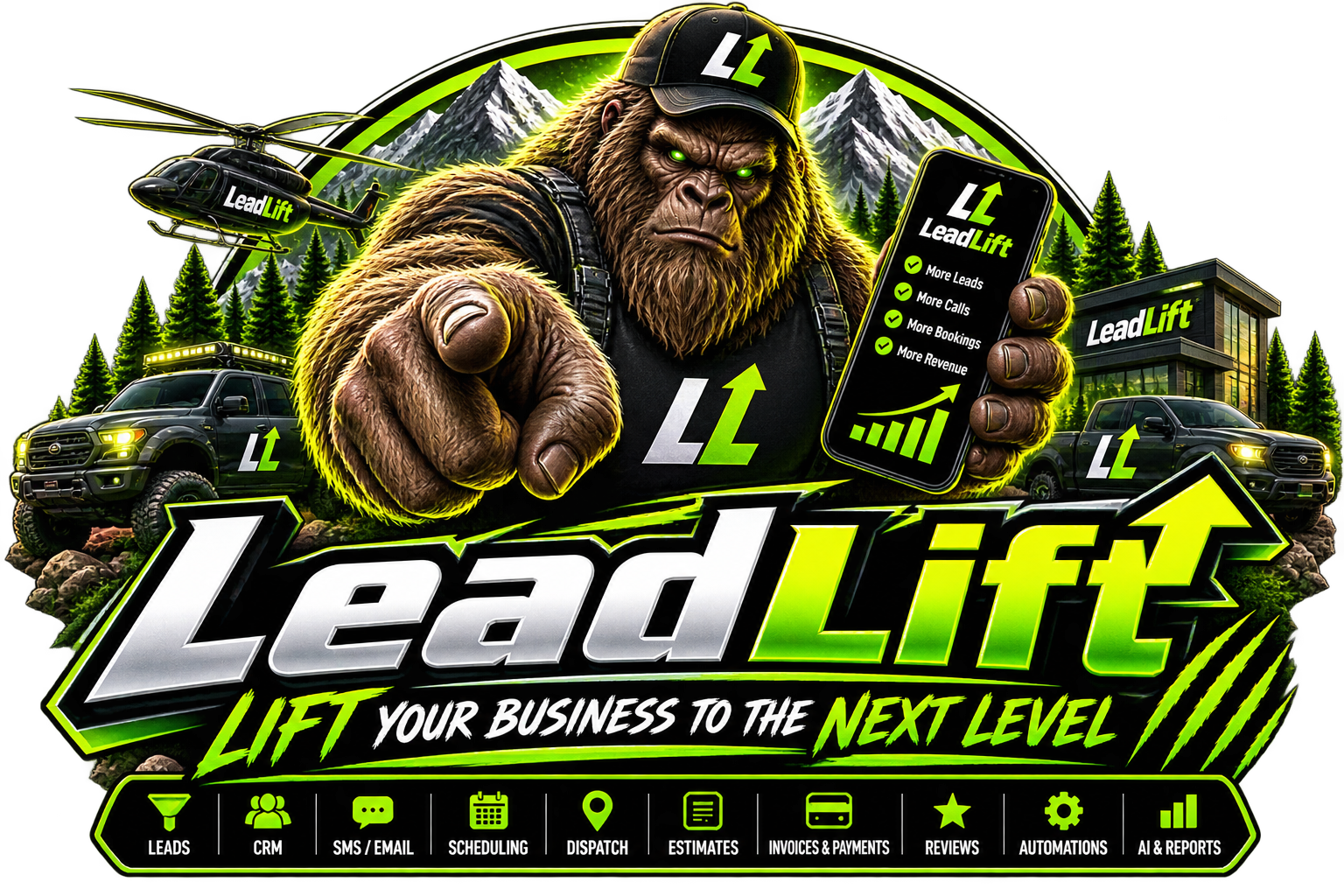 LeadLift all-in-one marketing platform — leads, CRM, SMS, scheduling, dispatch, estimates, invoices, reviews, automations, and AI reports